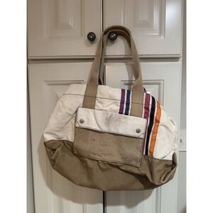 Fossil LENA Shopper Tote Bag Canvas Cream Orange‎ Tote Satchel Handbag